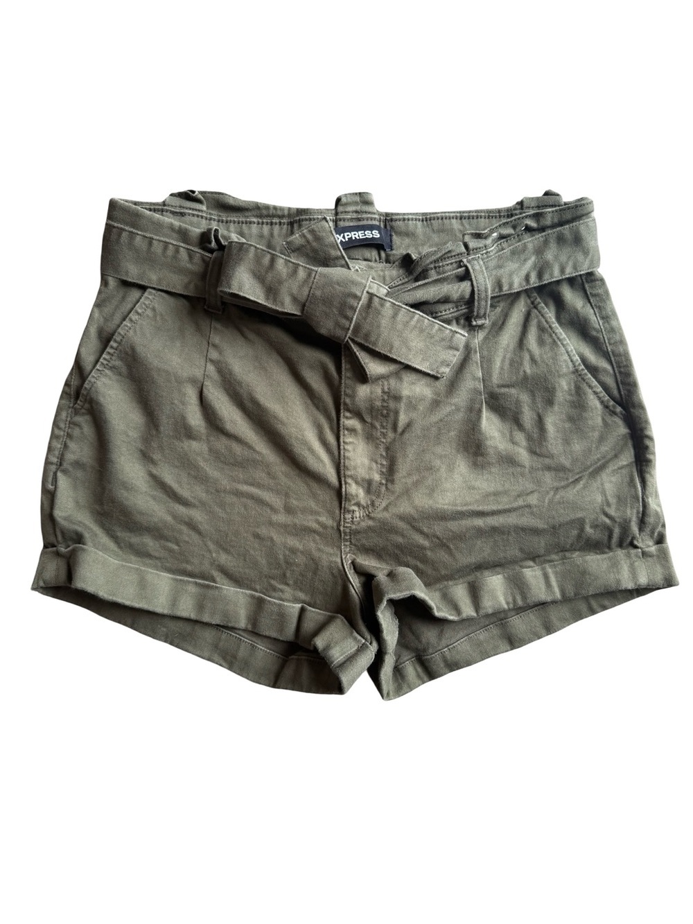 Express Shortie Olive Green Extreme High-Rise Stretch Paperbag Belted Shorts